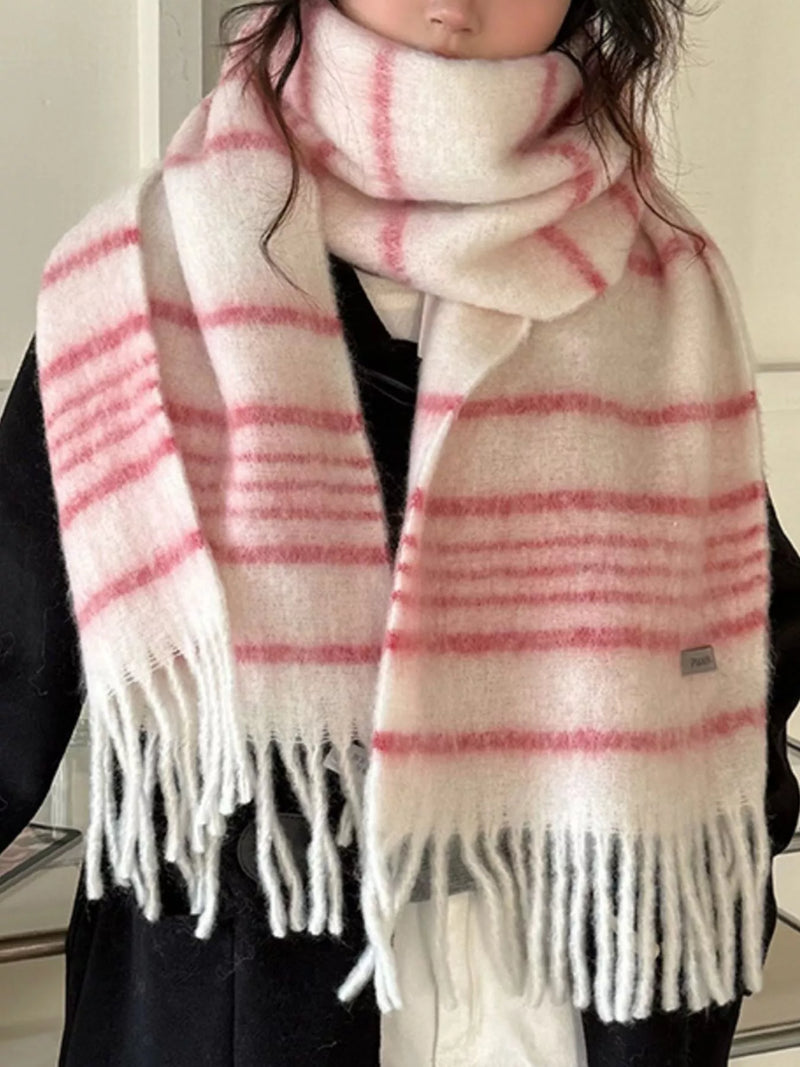 Cozy striped fringe hem scarf shown around the neck