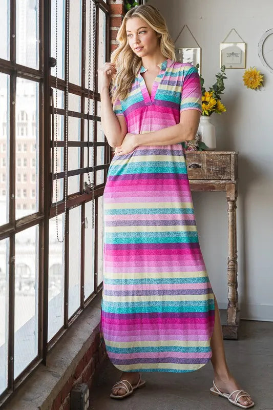 Striped Short Sleeve Maxi Tee Dress Plus Size, view 8