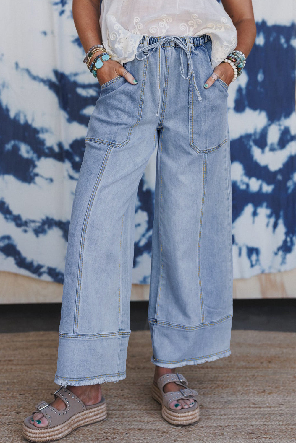Wide leg jeans seam detailing close up
