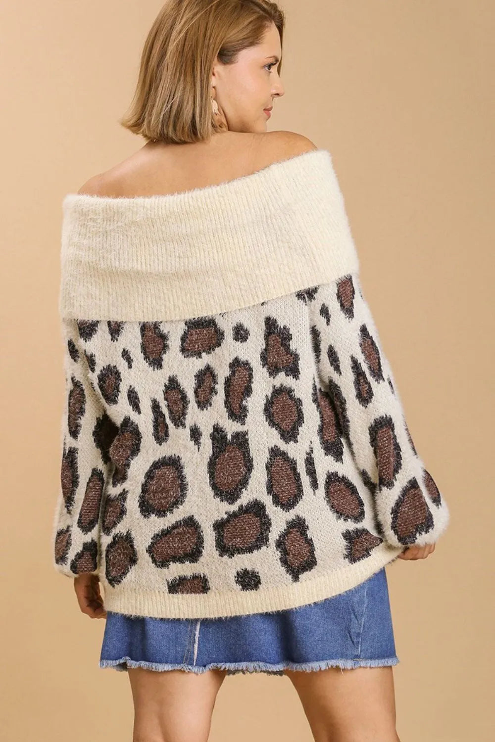Leopard Off Shoulder Long Sleeve Sweater Plus Size in Cream on model