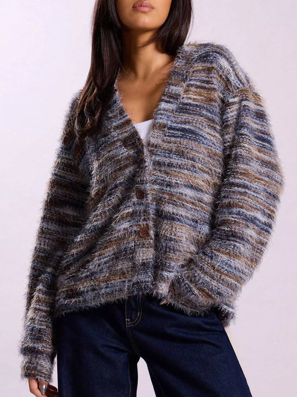 textured knit button down cardigan hem detail