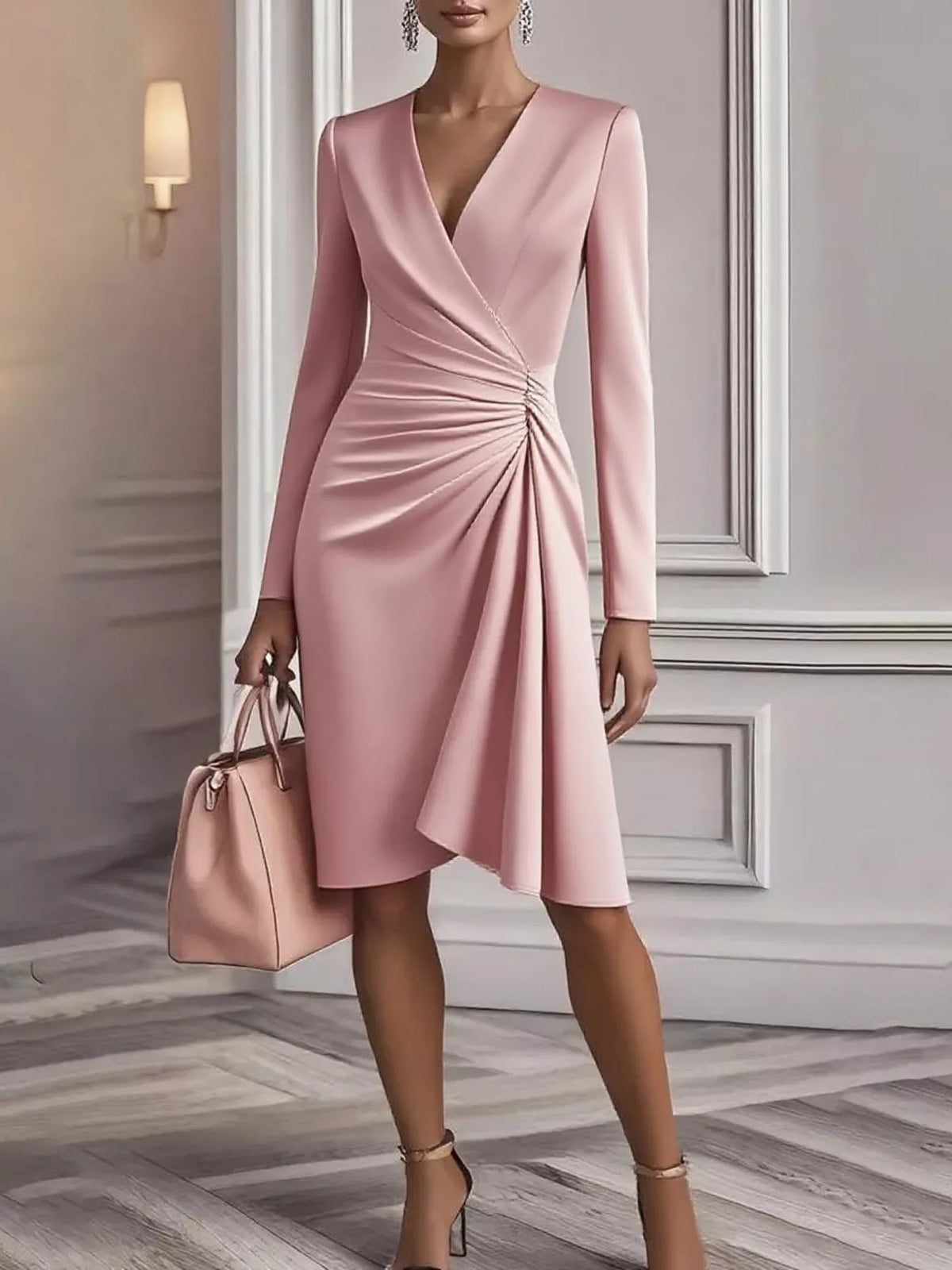 Ruched Surplice Long Sleeve Dress front view