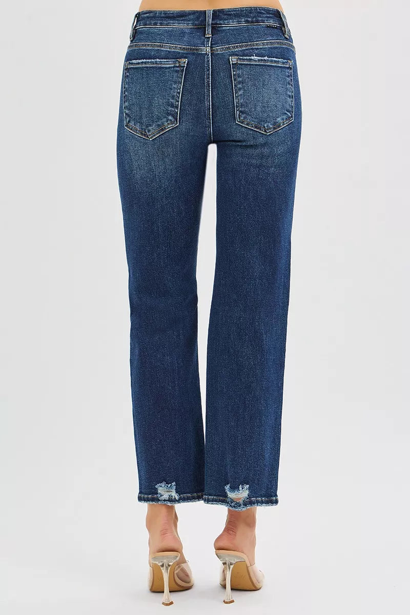 Raw hem detail on cropped straight jeans