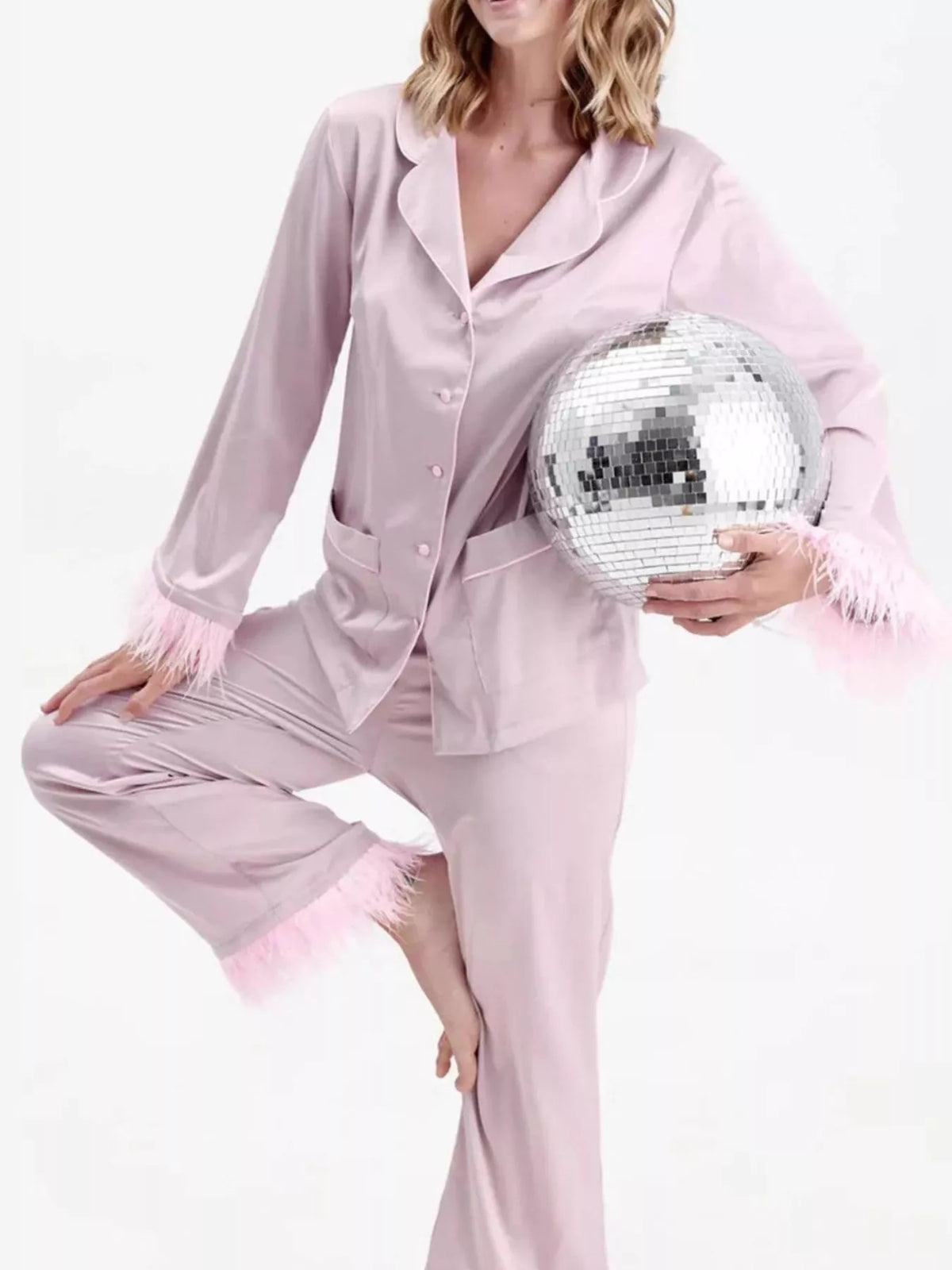 Silky button up top and pants two piece lounge set front view