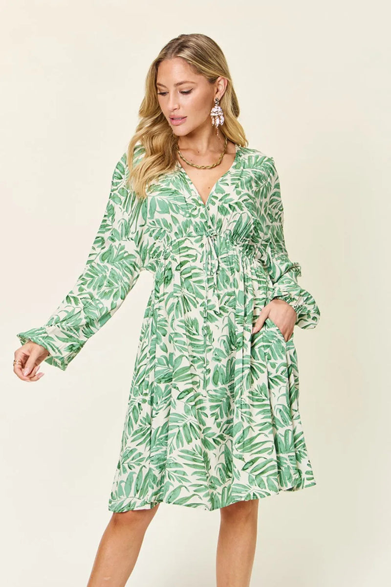 Printed ruched balloon sleeve dress front view