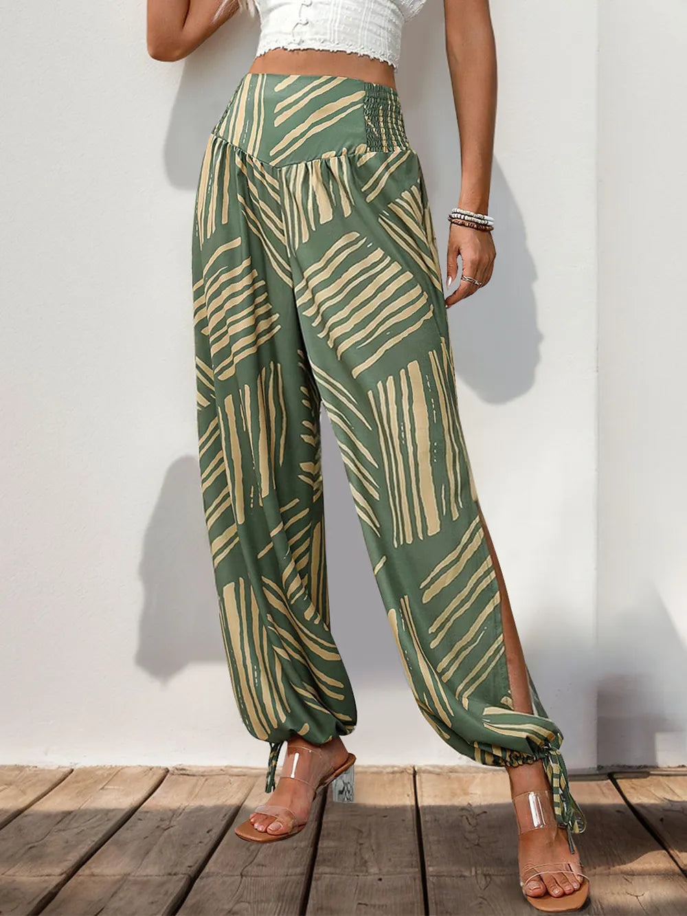 Smocked slit printed high waist pants smocked waistband detail