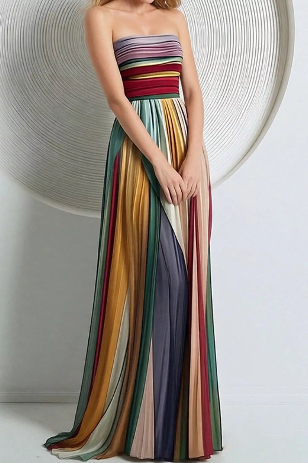 Multicolor striped pleated strapless maxi dress full length view