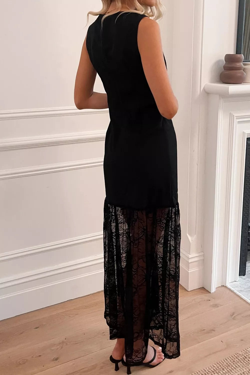 sheer floral lace sleeveless maxi dress in black side view