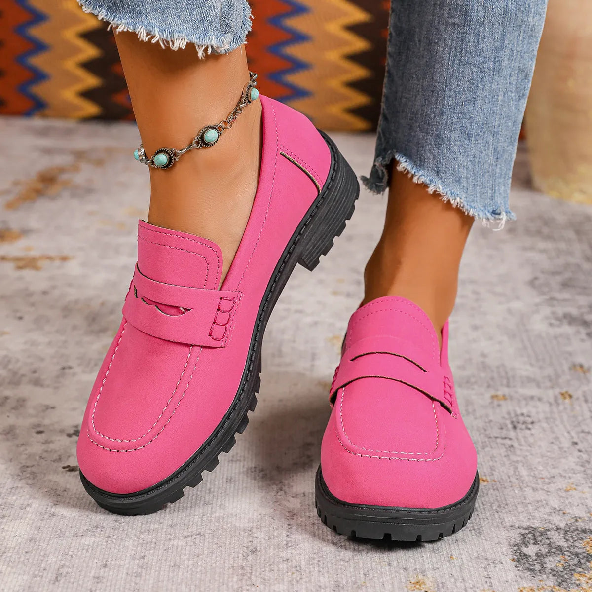 Round Toe Block Heels Loafers Rose Red - Fashorio