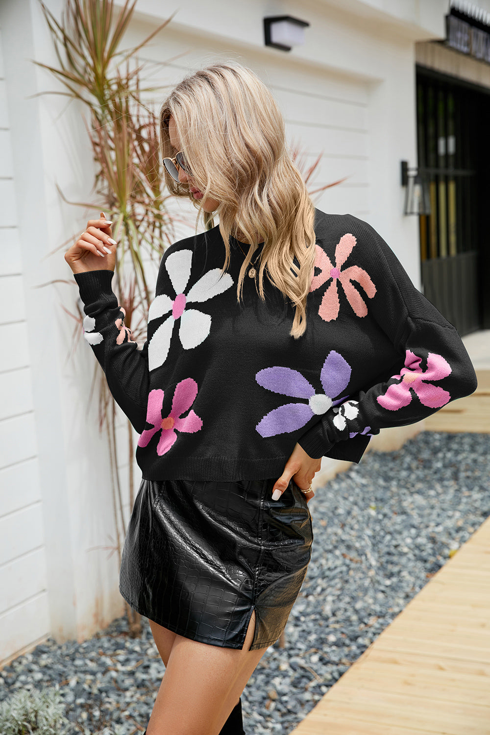 Flower Round Neck Drop Shoulder Sweater - Fashorio