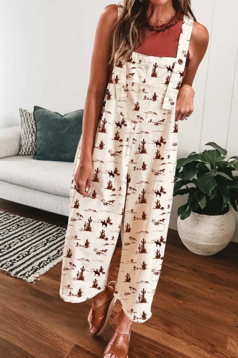 Western printed overalls front view on model