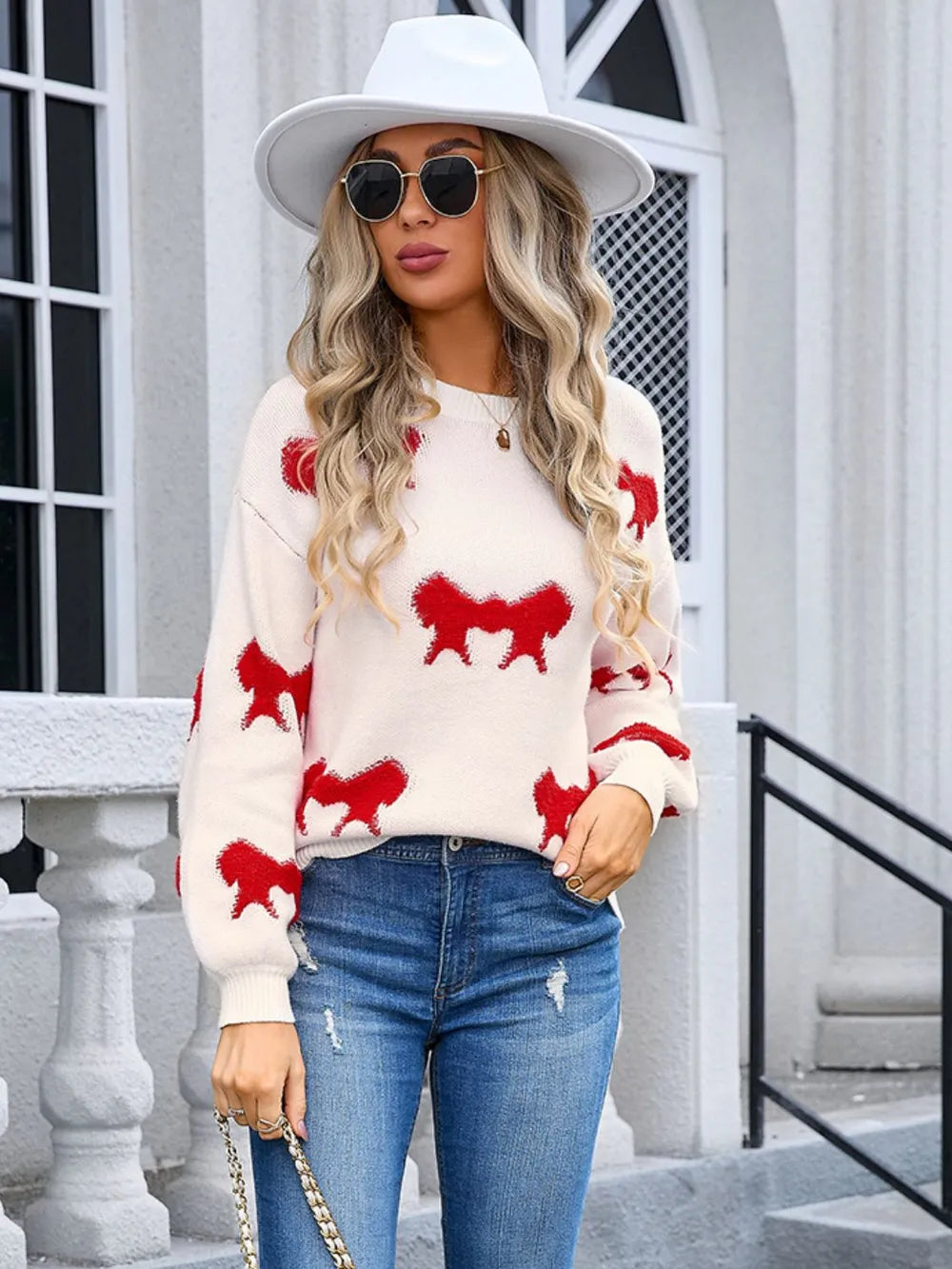 Womens bow round neck sweater styled look