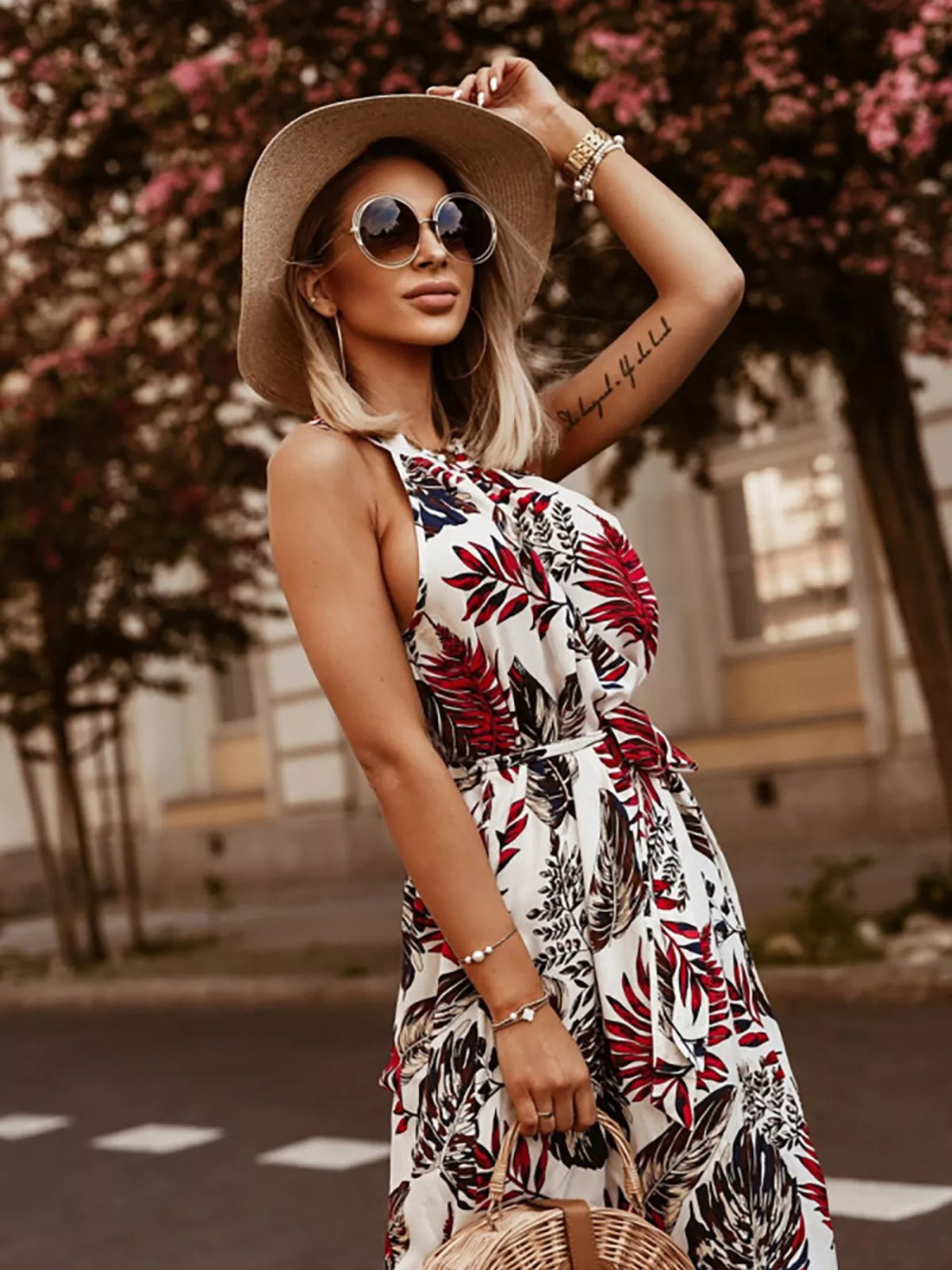 Printed sleeveless belted maxi dress fabric texture view