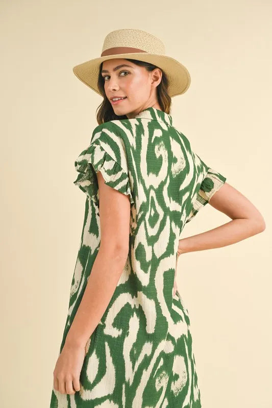 Abstract Printed Frill Sleeve Shirt Mini Dress side view