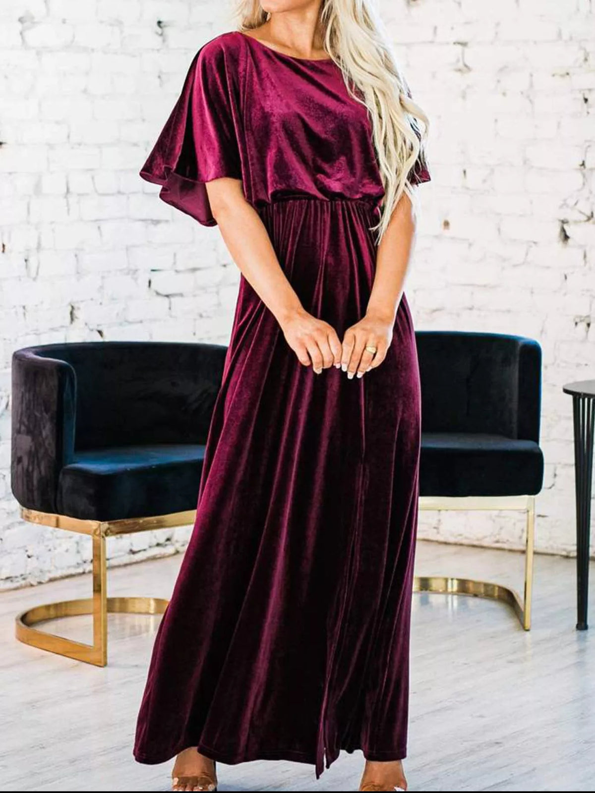 flutter sleeve velvet maxi dress fabric detail
