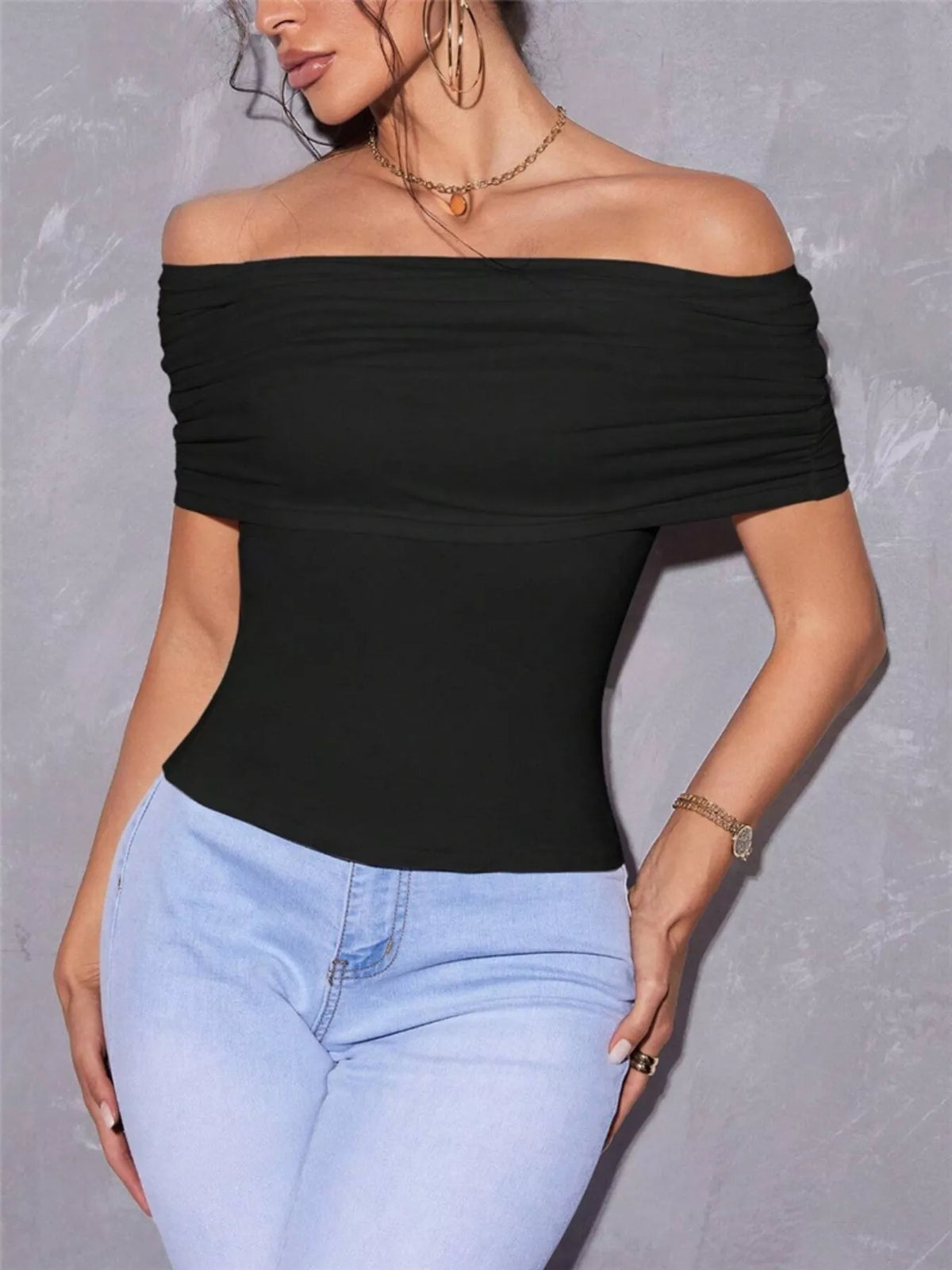Black off shoulder ruched t shirt styling view