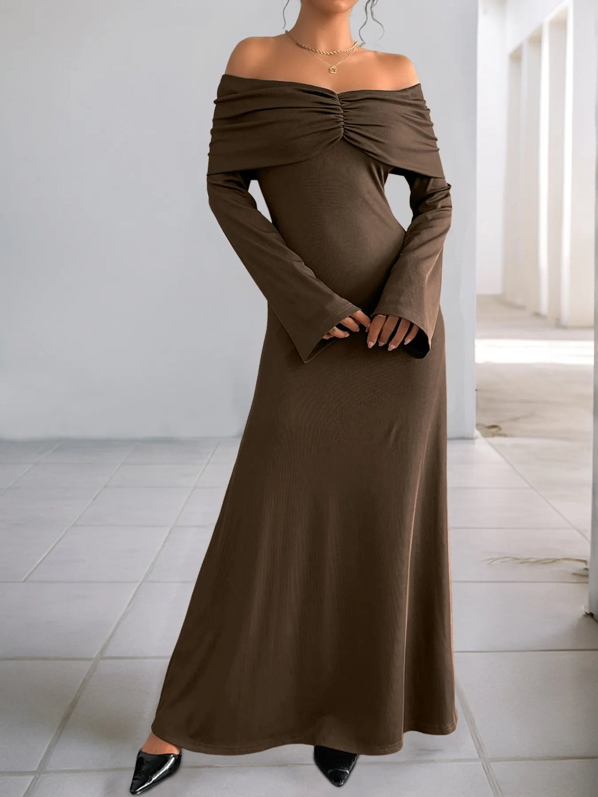 Coffee brown off shoulder long sleeve bodycon maxi dress back view
