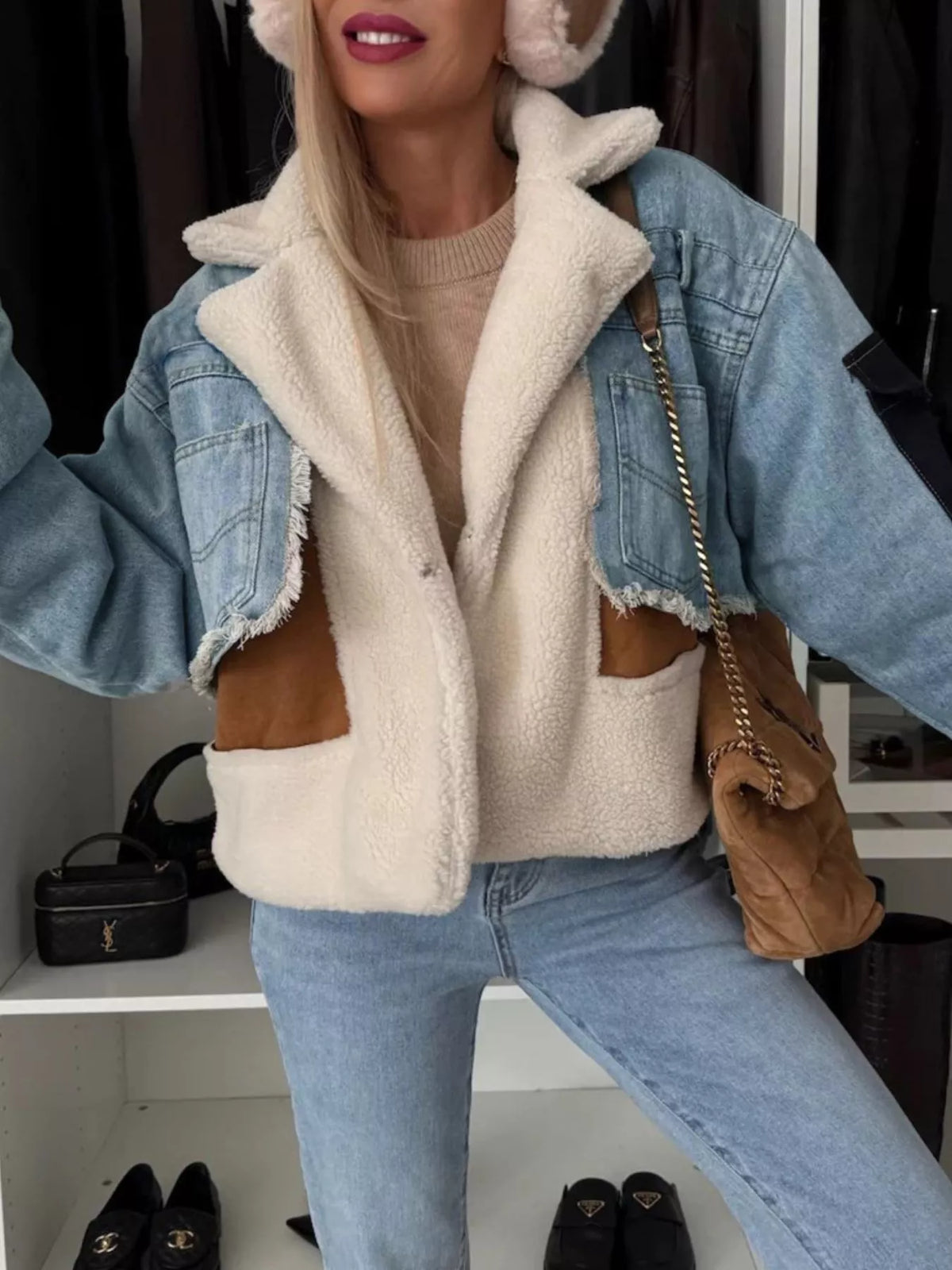 Raw Hem Sherpa Lined Denim Jacket in Light Blue