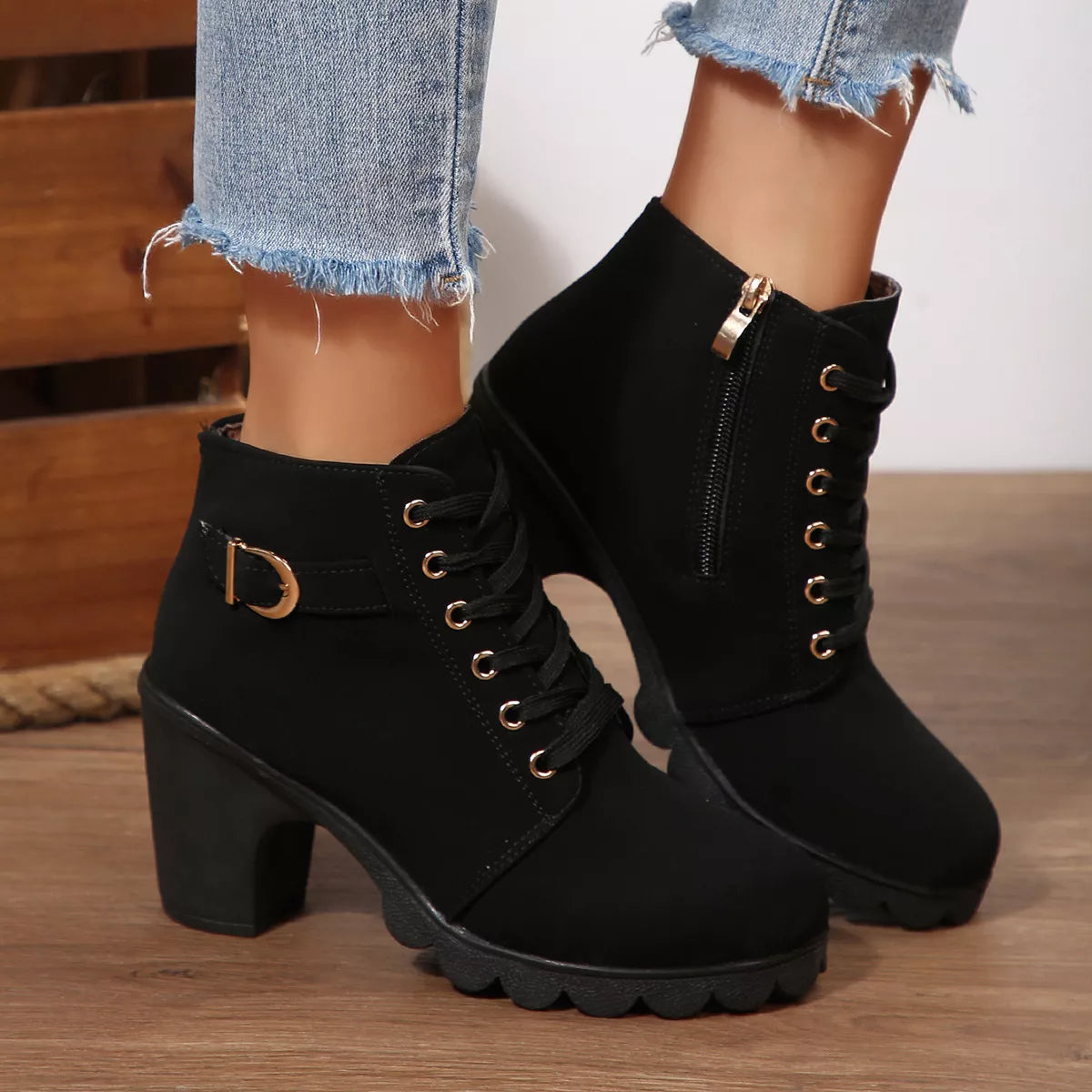 Lace up block heel suede boots back view