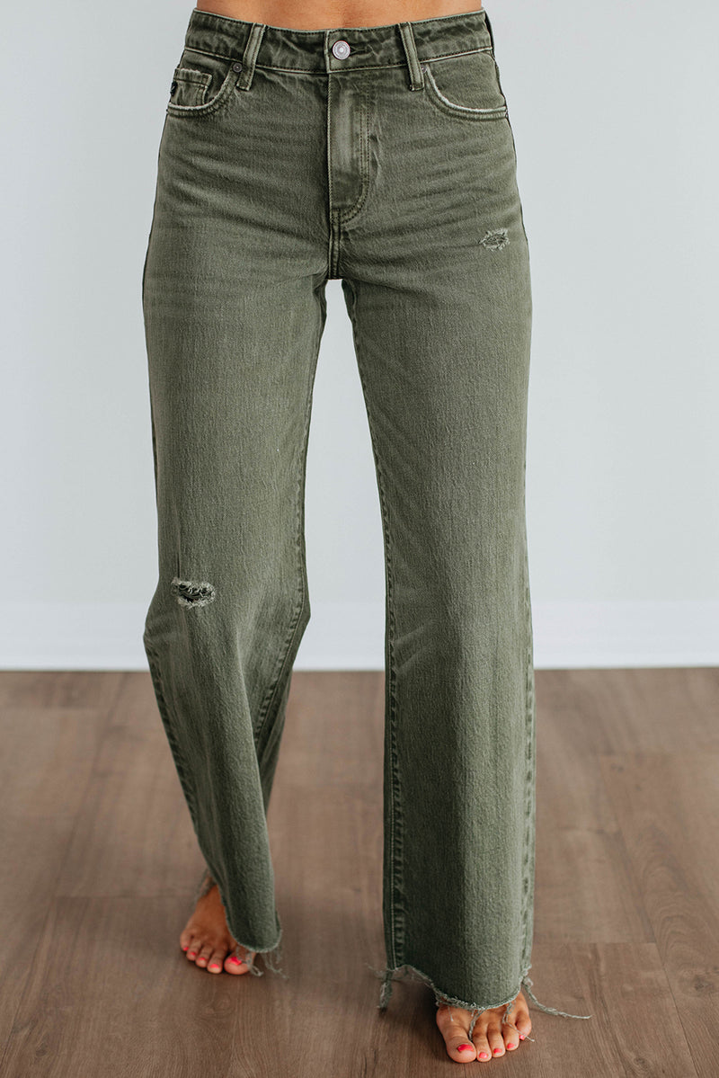Green distressed wide leg jeans front view