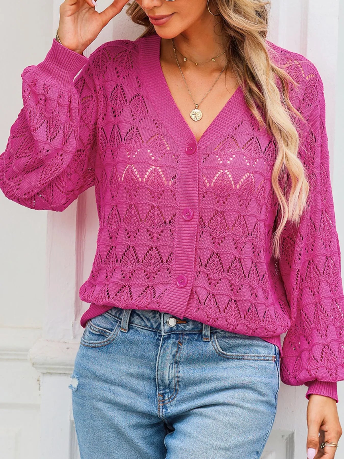 Buttoned Front Openwork Cardigan - Fashorio