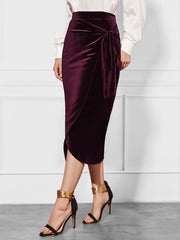 Side Tied Velvet Skirt Burgundy - Fashorio