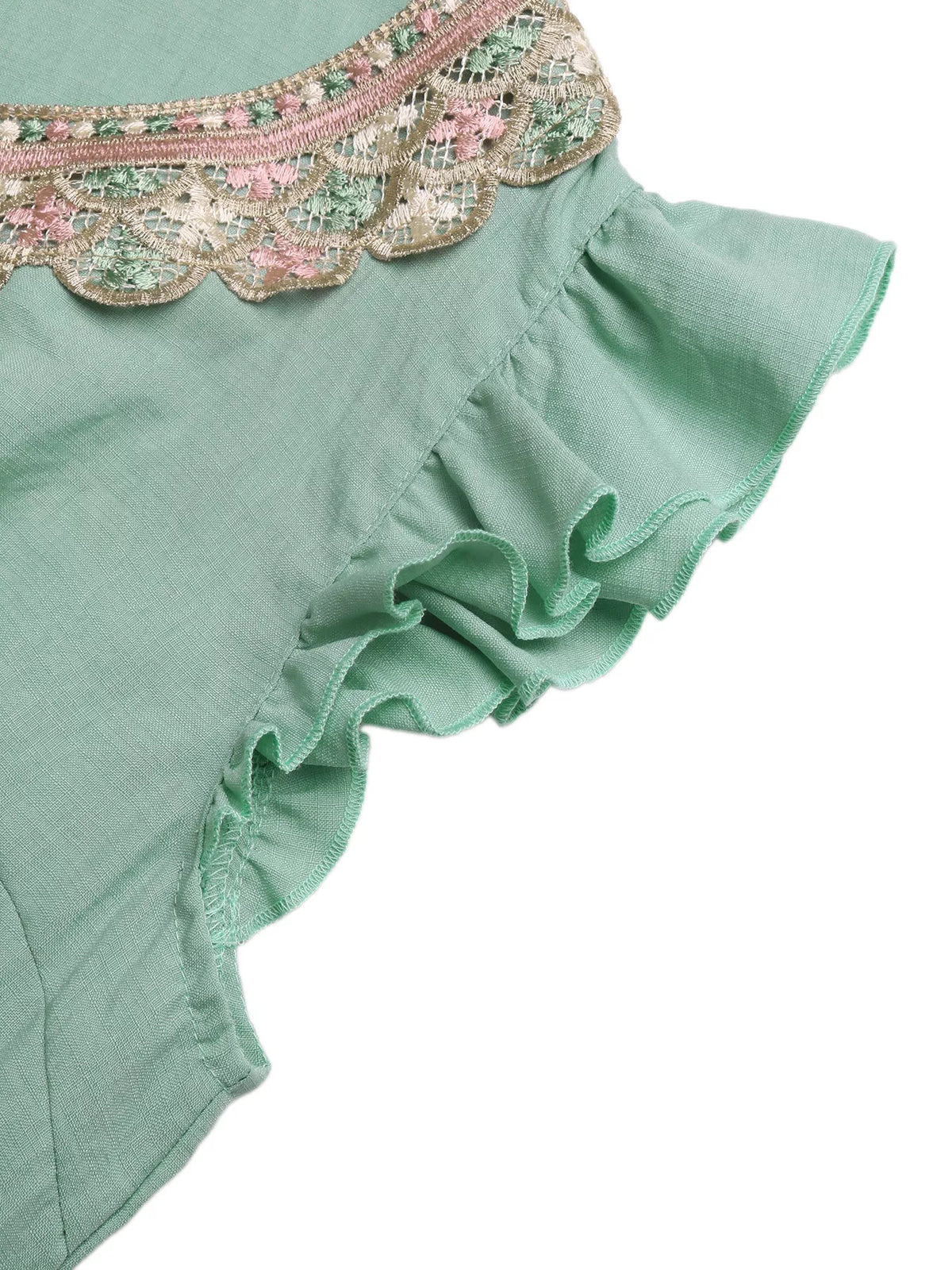 Green embroidered tie neck ruffle sleeve boho maxi dress full length view