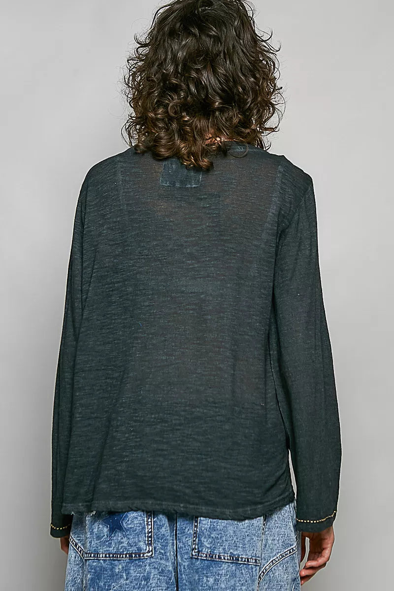 Contrast stitch knit top full length view on model