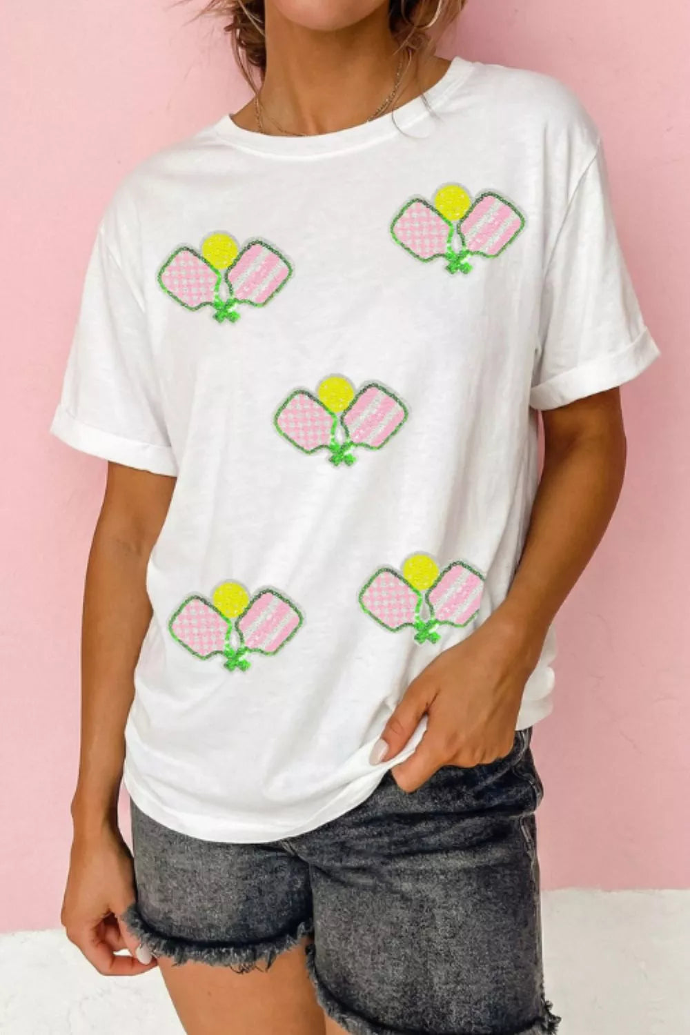 White sequin pickleball short sleeve tee detail of the fabric