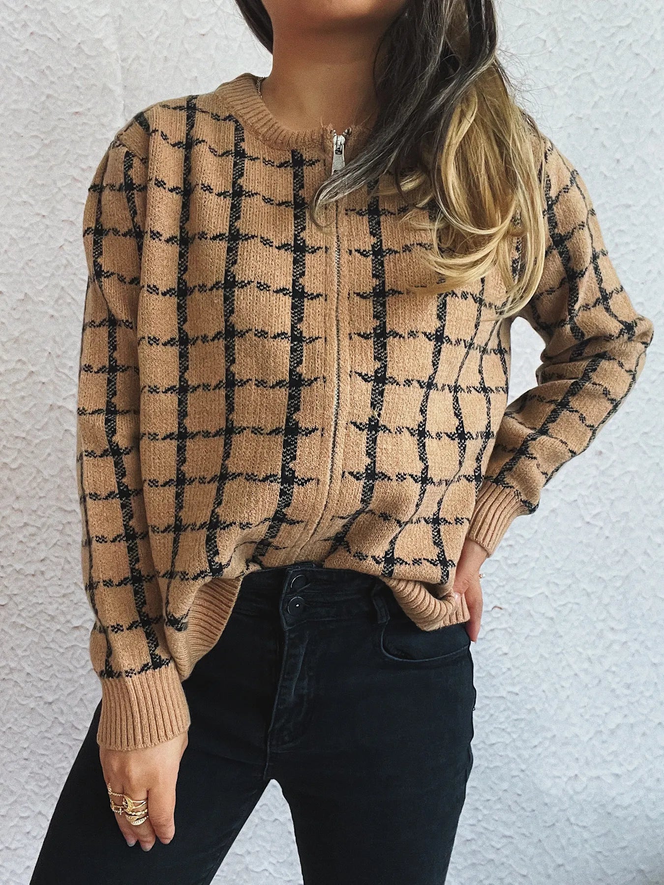 Plaid Pattern Zip Up Cardigan - Fashorio