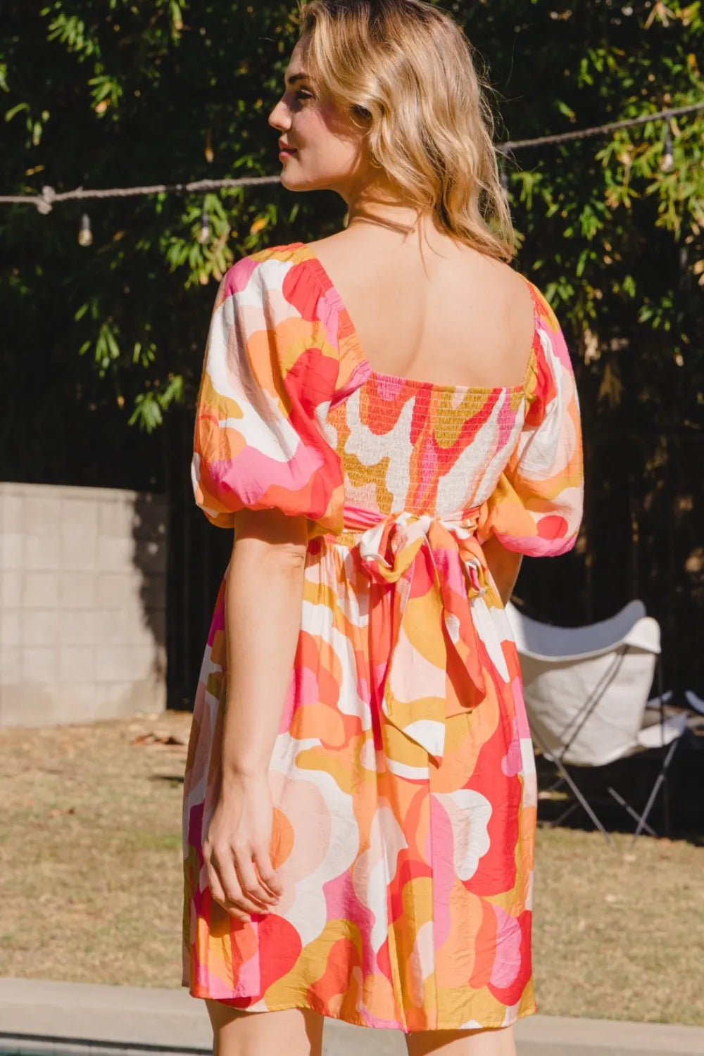 Printed Tied Back Short Sleeve Mini Dress close up