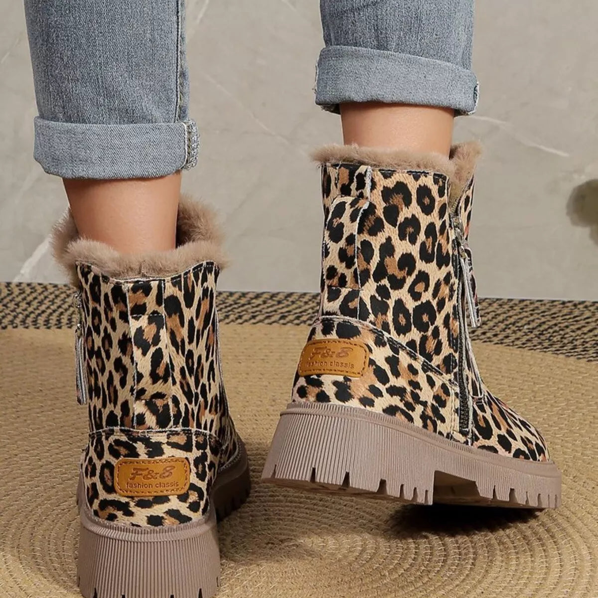 Leopard print fur lined ankle boots close up detail