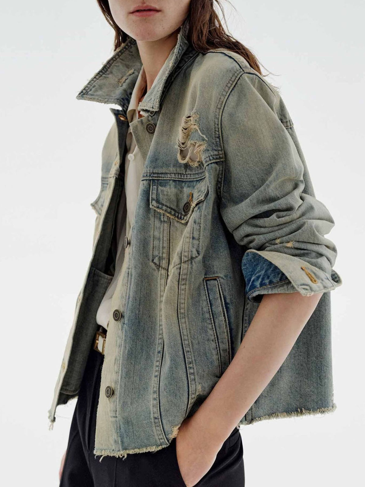 Distressed Wash Denim Jacket in Medium Wash side view