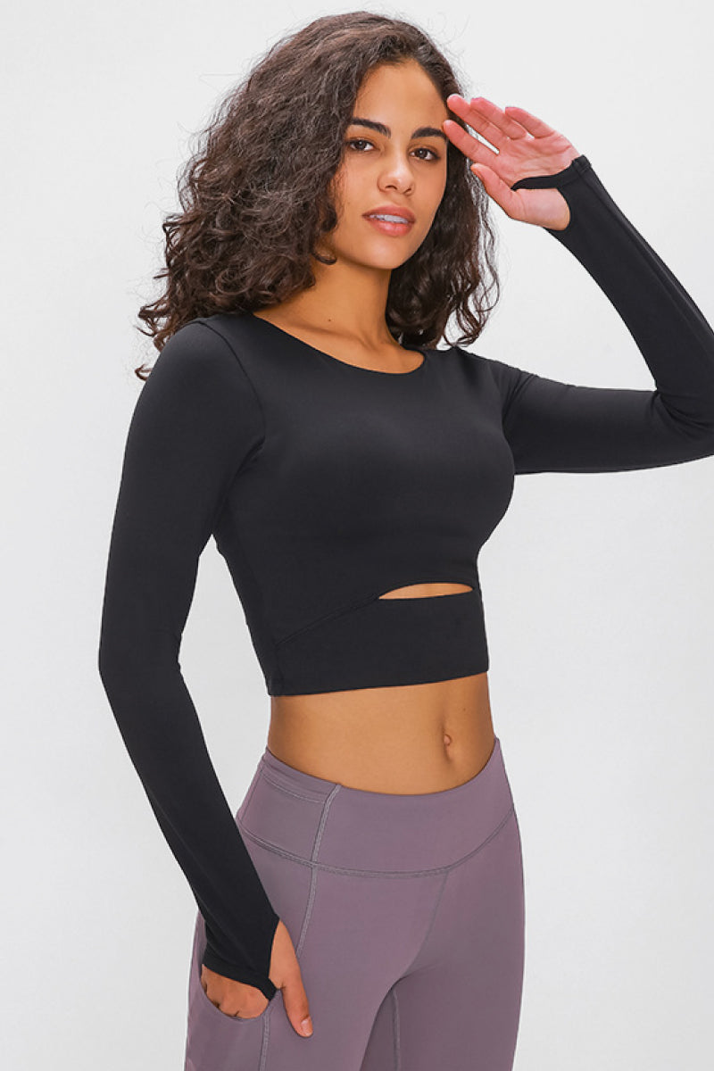 Millennia Long Sleeve Cropped Top With Sports Strap Black - Fashorio