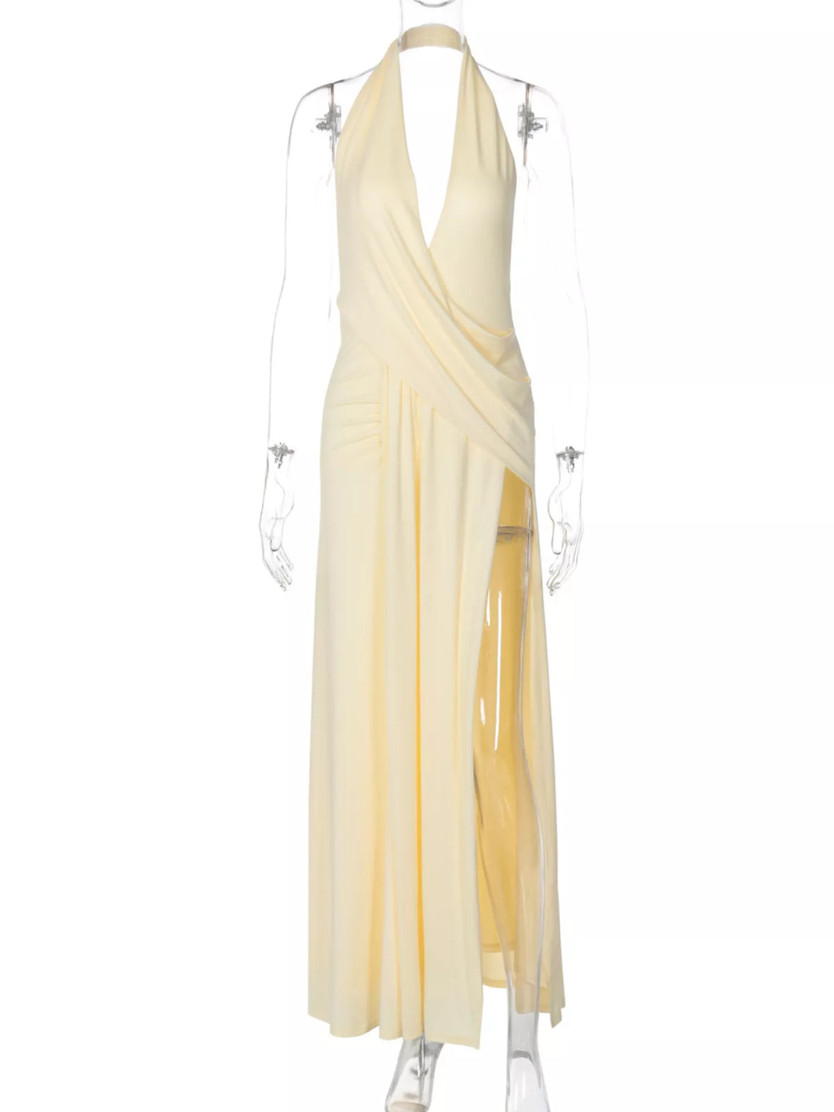 Waist and ruching detail on the halter dress