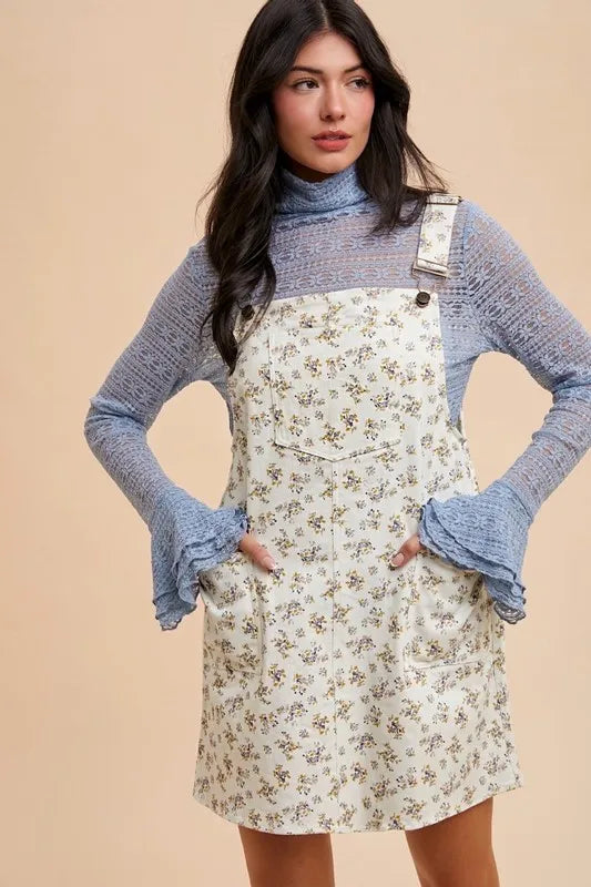 Annie Wear Stretch Ditsy Print Denim Overall Mini Dress - Fashorio