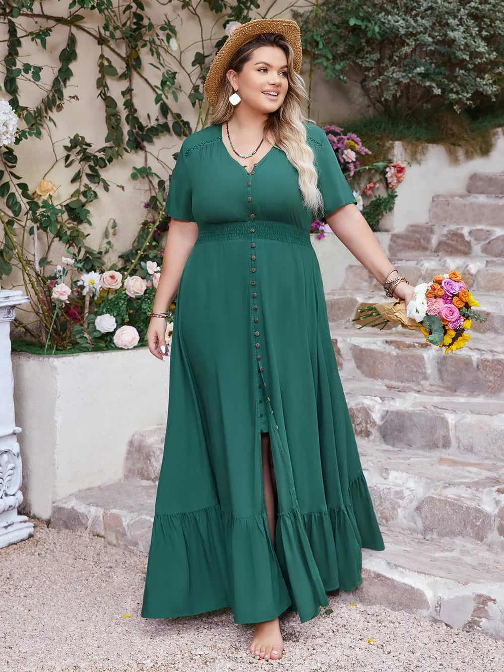 Button front placket detail on maxi dress