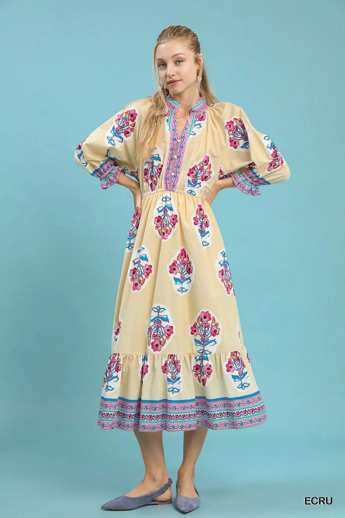 Floral Border Print Midi Dress in Ecru