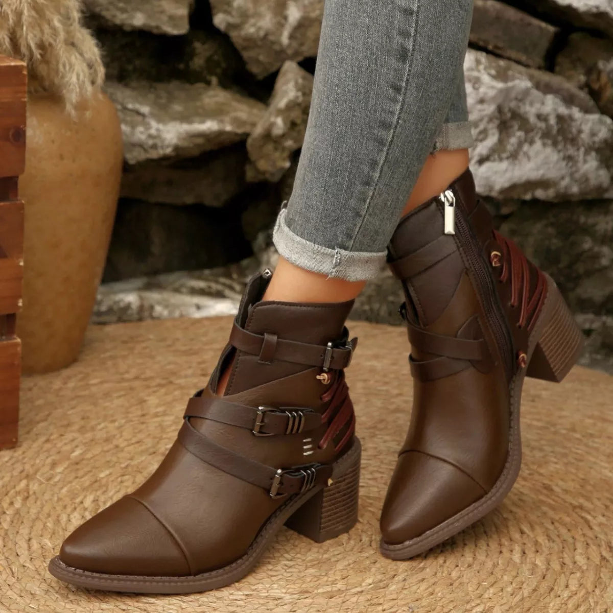 Point Toe Buckle Strap Ankle Boots with Block Heel back view