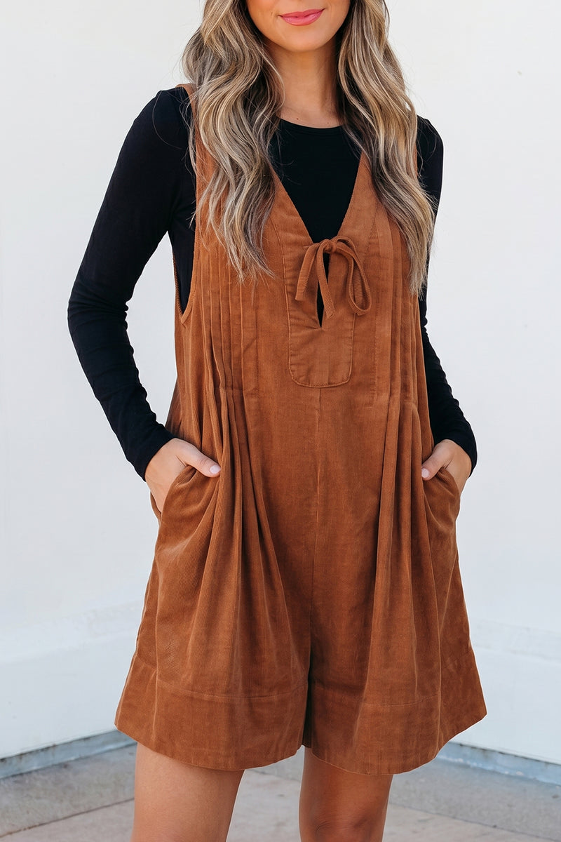 Brown corduroy v neck sleeveless romper front view