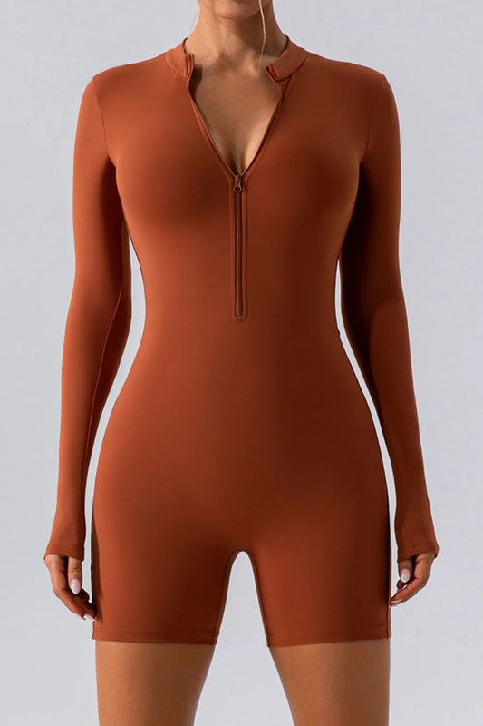 Half Zip Long Sleeve Active Romper Caramel - Fashorio