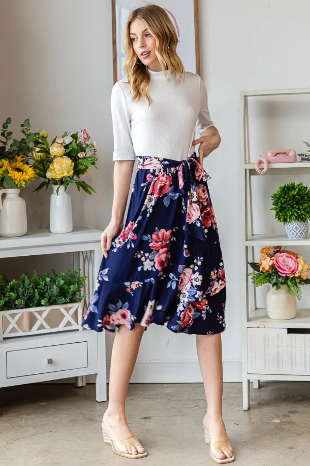 Floral Wrap Ruffle Dress in Navy side view