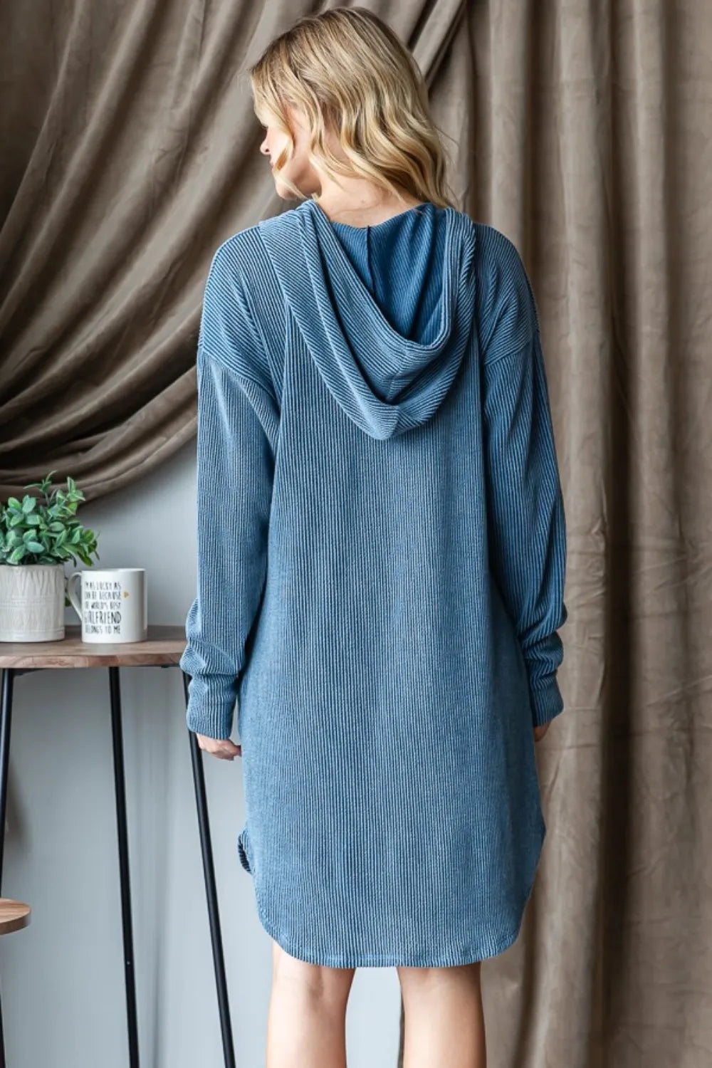Ribbed Long Sleeve Hooded Dress back view