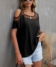 Cold Shoulder Mesh Polka Dot Top Black - Fashorio