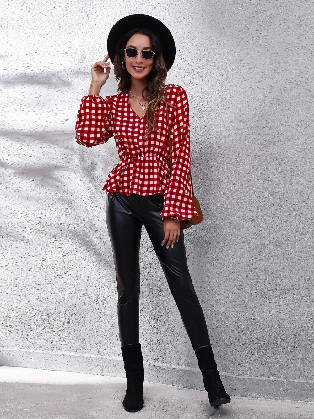 Plaid V-Neck Balloon Sleeve Peplum Blouse - Fashorio