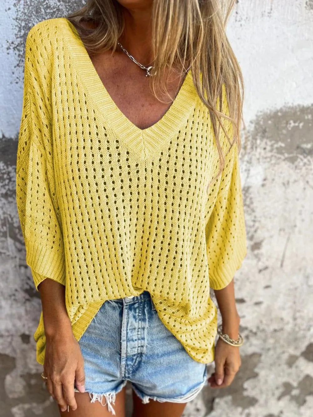 Openwork V-neck knit kimono cover up front