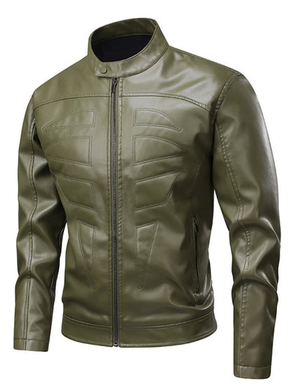 Men's Full Size Leather Zip Up Jacket Plus Size Military Green - Fashorio