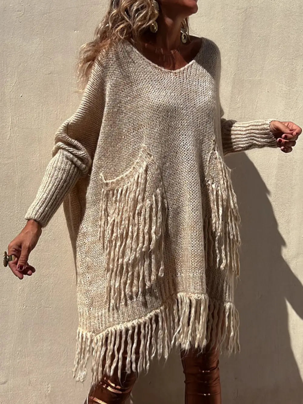 Fringe Detail Long Sleeve Sweater with Pockets - Fashorio