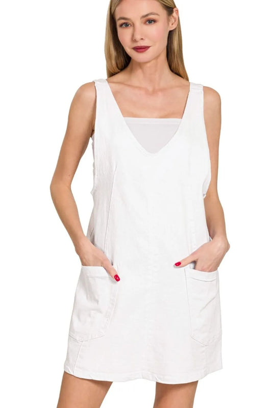 Zenana Washed Adjustable Strap Denim Overall Dress WHITE - Fashorio