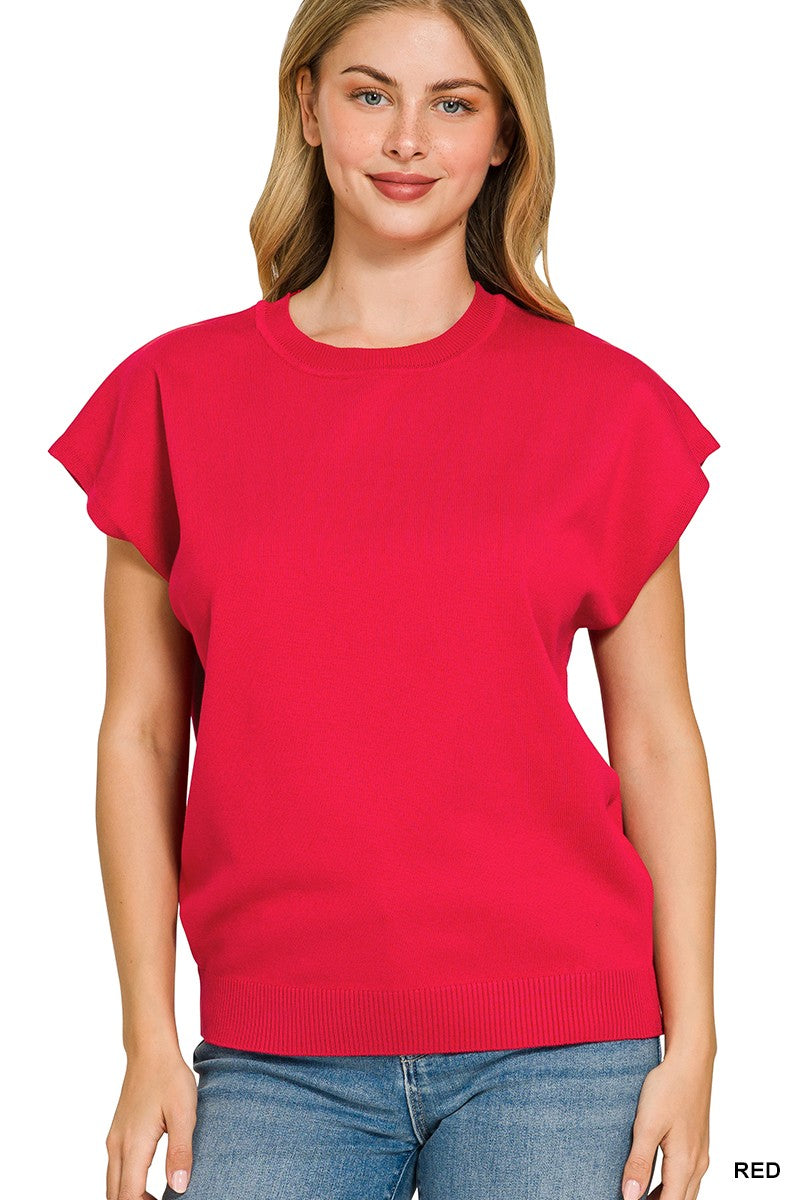 Red viscose round neck short sleeve sweater front